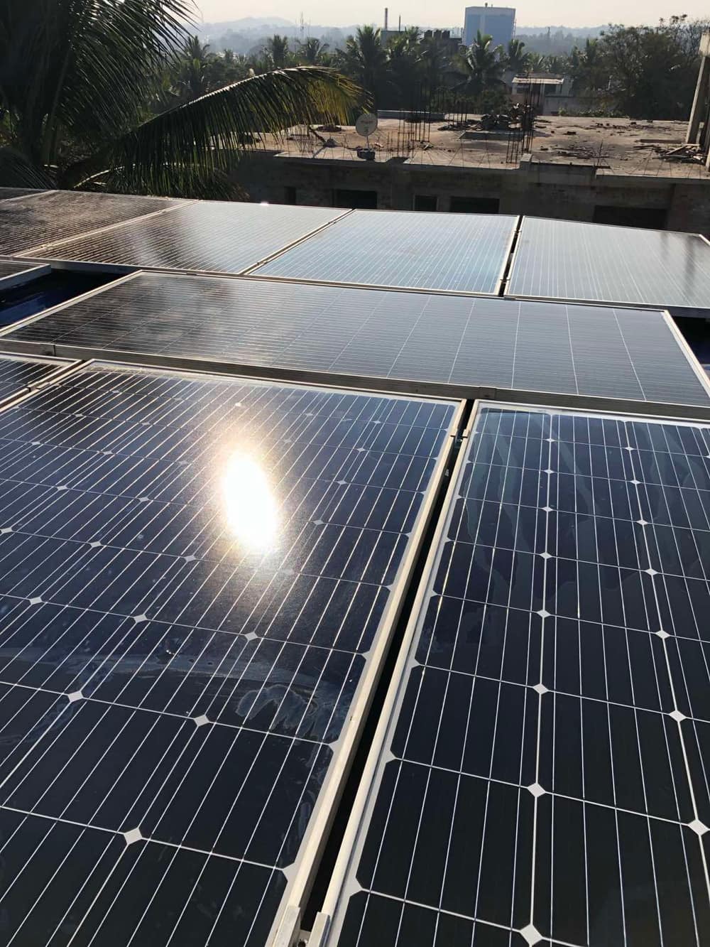 Close view of a rooftop solar array on a raised frame catching the early morning sun
